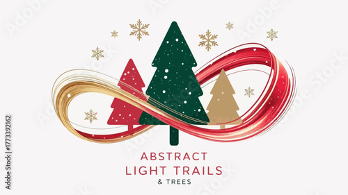 Abstract christmas trees with swirling light trails and snowflakes