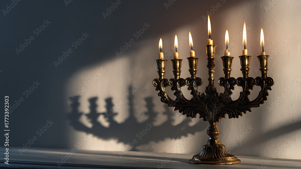 Fototapeta premium Antique brass candelabra with lit candles casting a dramatic shadow