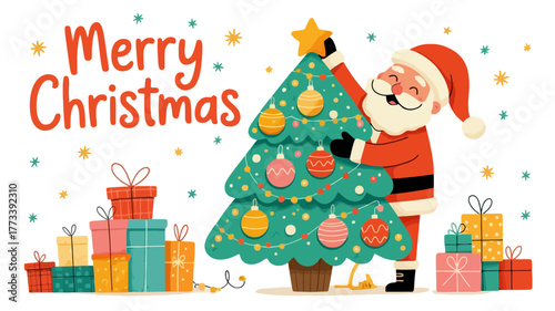 Santa decorates a christmas tree surrounded by gifts and stars