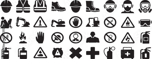construction, safety, industrial, PPE, personal protective equipment, hard hat, vest, boots, excavator, machinery, caution, warning, prohibition, no entry, fire, flame, stop hand, gloves, fire extingu