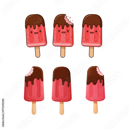 Set of cute cartoon and realistic strawberry popsicles dipped in chocolate