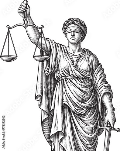 Engraved black and white illustration of Lady Justice blindfolded and holding scales and a sword.