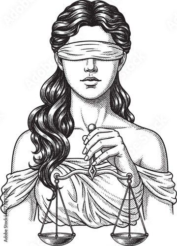 Engraving style illustration of a blindfolded Lady Justice holding the balanced scales of law.