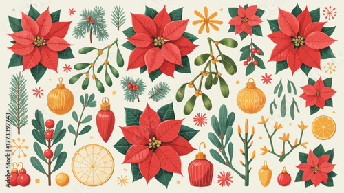 Festive christmas poinsettias mistletoe ornaments and pine sprigs