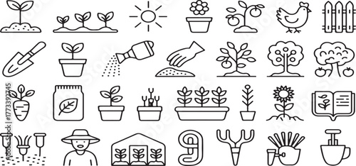 Agriculture and Farming Line Icons Vector: Outline Graphics Set for Gardening, Planting, Crops, Greenhouse, and Farmyard Animals