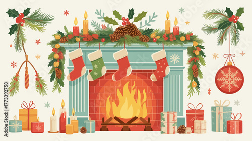 Cozy christmas fireplace scene with stockings and gifts