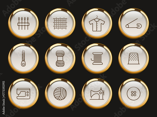 sewing gold rimmed vector icons. sewing gold rimmed icons for web and ui design, mobile apps, print polygraphy and promo advertising business