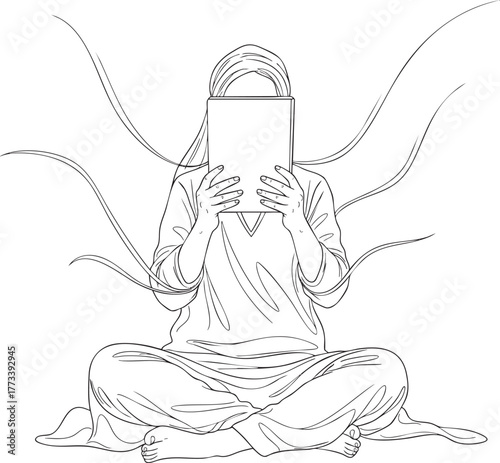 Line art of a seated woman in a hijab holding a book over her face with flowing abstract lines.
