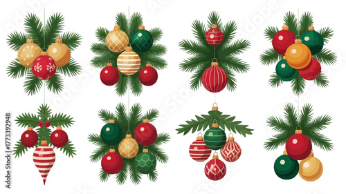 Collection of christmas ornaments hanging from pine branches