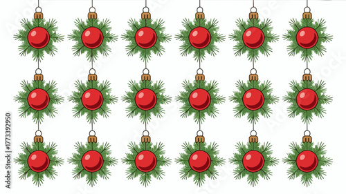 Red christmas ornaments with green pine needles on white background