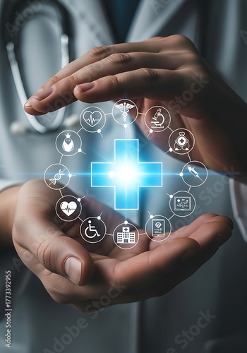 Doctor's hands embracing a glowing medical cross with interconnected health icons, symbolizing advanced global healthcare technology solutions.