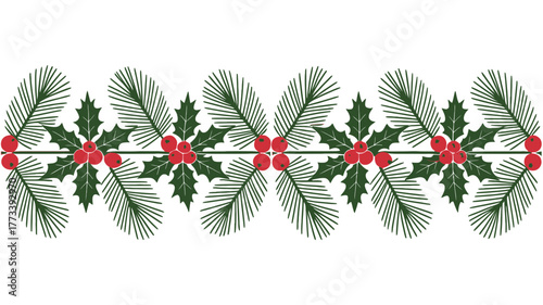 Festive christmas holly and pine branch border with red berries