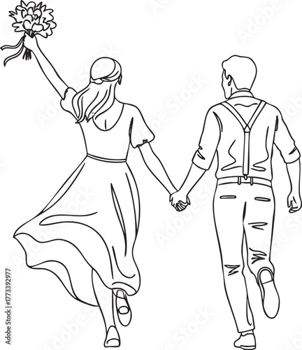 Minimalist line art of a bride and groom running away holding hands the bride raising a flower bouquet.