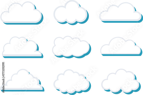 Collection of nine graphic white clouds with soft, rounded edges and subtle blue drop shadows, ideal for weather forecasts, digital design, and various creative projects
