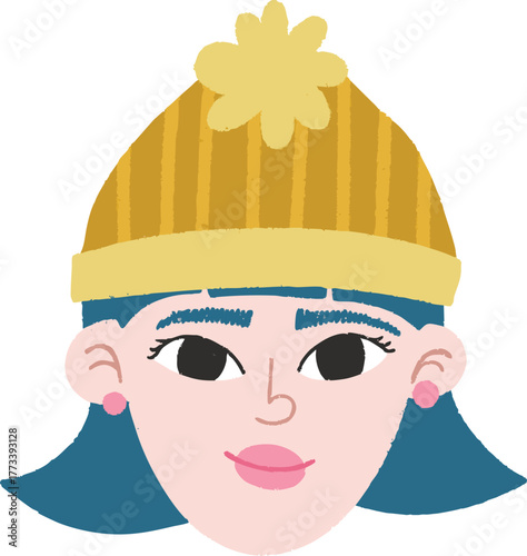 Girl in Yellow Winter Hat with Blue Hair Illustration