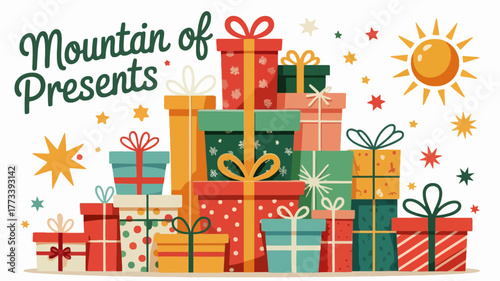 A large pile of colorful wrapped presents under a sunny sky