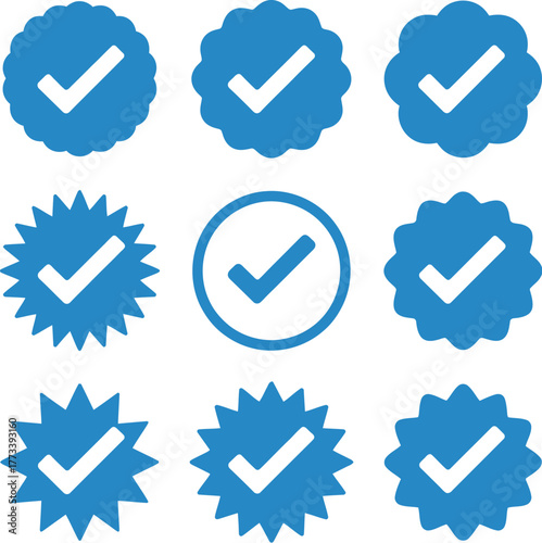 Collection of verified checkmark icons in various blue shapes and styles, symbolizing approval and confirmation