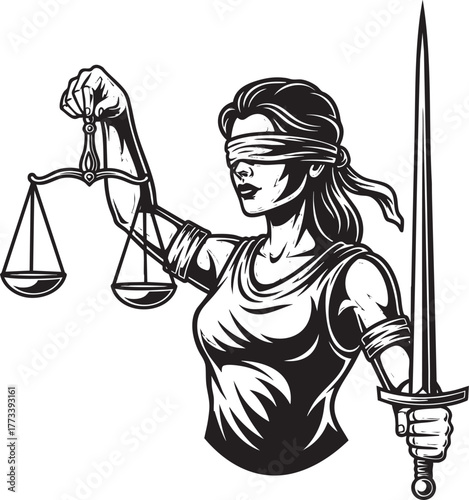 Monochrome illustration of Lady Justice blindfolded and holding the scales of justice and a sword.