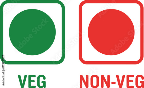 Indian vegetarian and non-vegetarian food classification symbols, green and red dot icons for product packaging and dietary labeling vector illustration