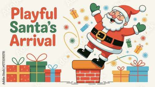 Joyful santa claus arriving down chimney with gifts