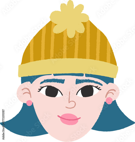 Girl in Yellow Winter Hat with Blue Hair Illustration