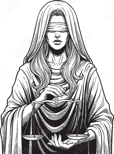 Serene blindfolded woman representing Justice holding balance scales in a classic black and white engraving style.