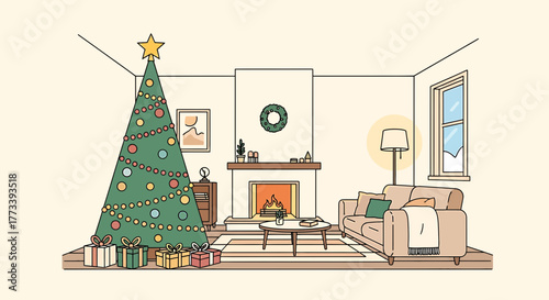 Cozy living room decorated for Christmas with a lit tree and fireplace.
