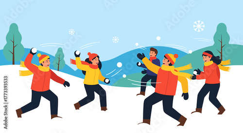 A group of friends joyfully engaging in a lively snowball fight amidst a snowy winter landscape.