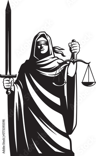 Stylized black and white illustration of Lady Justice blindfolded and holding a sword and scales.