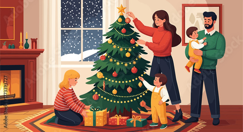 A happy family with three children decorating a Christmas tree together in a cozy living room with a fireplace.