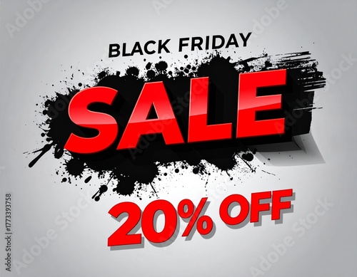 Black Friday 20% Off Sale Banner with Red Text and Grunge Paint Background