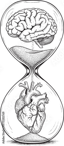 Surreal hourglass illustration with a human brain and heart symbolizing the passage of time and emotion.