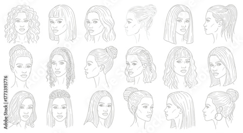 Collection of female hairstyles hand-drawn sketch of diverse looks illustration beauty and fashion