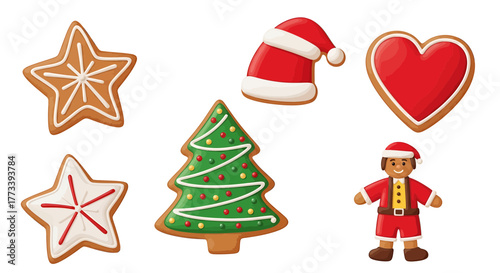 A collection of festive Christmas-themed gingerbread cookies in various shapes including stars, a heart, a Christmas tree, Santa's hat, and a gingerbread man.