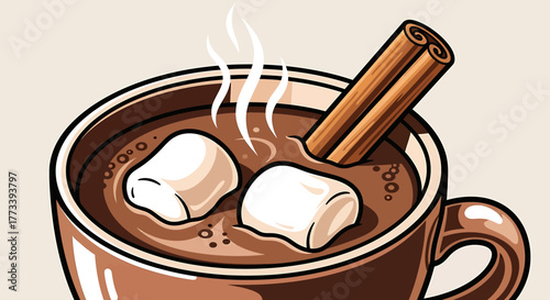 A steaming mug of hot chocolate with marshmallows and a cinnamon stick, a cozy winter treat.