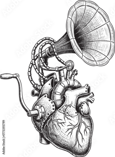 Surreal steampunk mechanical heart with a gramophone horn a handdrawn vintage illustration.