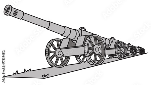 Vintage artillery battery ready for action - historical military equipment with powerful cannons lined up on the battlefield, preparing for war or defense
