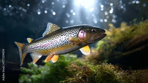 Rainbow trout swimming in half-light underwater, reflections forming rainbow halos on scales, defocused moss textures, with copy space.
