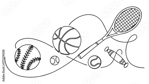 Dynamic sports collection design element featuring tennis racquet, baseball, basketball, and tennis balls in a modern line art style for vibrant projects

