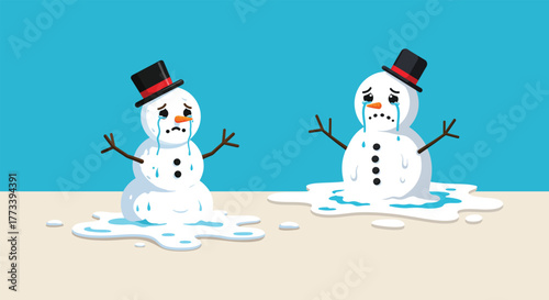 Emotional Winter's End Two Melancholy Snowmen Shedding Tears as They Slowly Disappear into Puddles, Signaling the Departure of Cold Weather