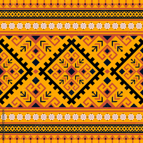 Vibrant orange and black geometric tribal ethnic seamless pattern vector background, featuring dynamic lines and abstract diamond shapes, perfect for modern folk art textile.