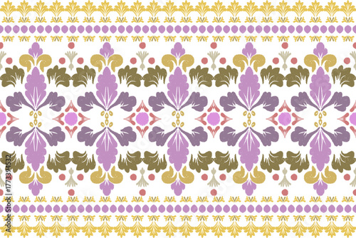 Elegant watercolor floral seamless pattern vector illustration in soft purple, mauve, and green tones, showcasing decorative blossoms and foliage, excellent for sophisticated fabric prints.