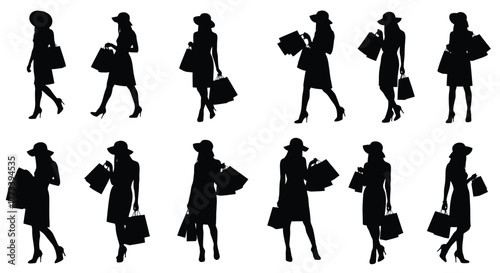 Set of female shopper silhouettes diverse poses of women carrying shopping bags illustration isolated on white