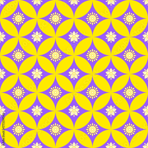 Vibrant yellow and purple retro flower geometric seamless pattern vector background, featuring a bold abstract circle and mod flower design, perfect for vintage 60s/70s style textile.