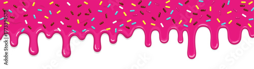 Pink frosting drips with colorful sprinkles on white background