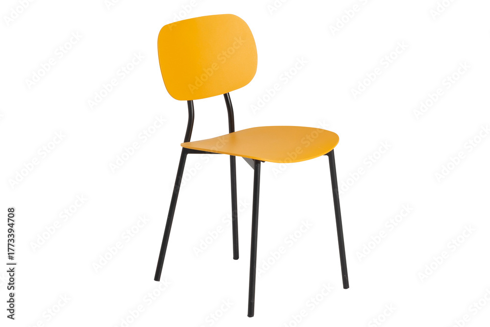 Fototapeta premium Yellow 3 view chair with a rounded seat and backrest, supported by slim black metal legs white background Dining various settings, including homes, bars, pubs, and restaurants.