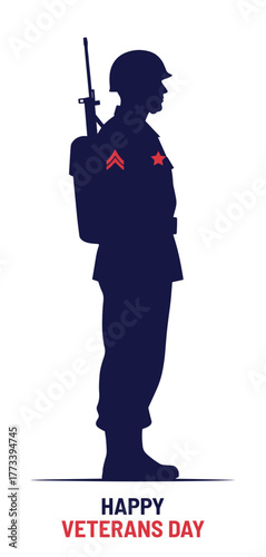 Veterans Day tribute design featuring a dark blue silhouette of a soldier in uniform with a rifle, symbolizing honor, service, and sacrifice