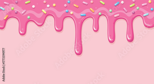 Sweet Pink Icing Drip with Colorful Sprinkles Adorning a Delicious Confectionery Background Design