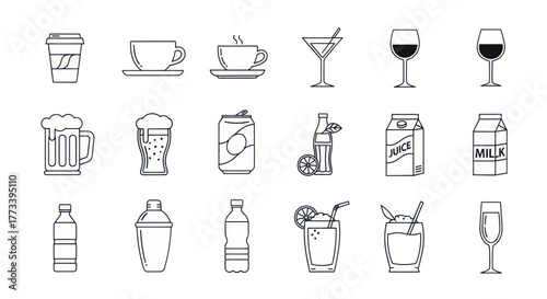 Collection of various beverage icons, including coffee, cocktails, and juice, in a simple outline style.