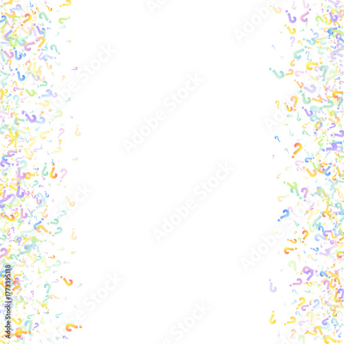 Question marks. Background for quiz, poll, survey, faq, interrogation, query. Multicolored template for opinion, public poll. Funny School vector illustration rainbow color on white background.